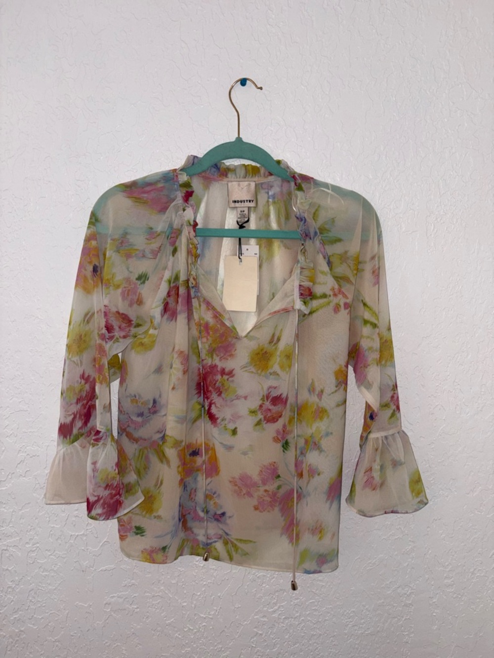 Industry Floral Sheer Tie-Neck Blouse in Pastel Multi